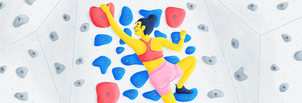 A climber going up a wall with holds shaping a QR Code