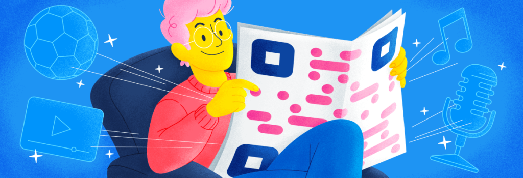 A cartoon man is sitting on a chair reading the paper that has a giant QR Code printed on it. The background is blue.