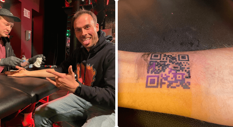 A man waiting for a tattoo artist to start working on his arm and a close-up of the artist tattooing a QR Code on the inside of someone’s wrist.