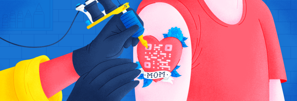A cartoon image of a person getting a QR Code in a heart tattoo.