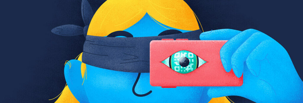 A blue cartoon person looking through their smartphone with an eye poking out of it.