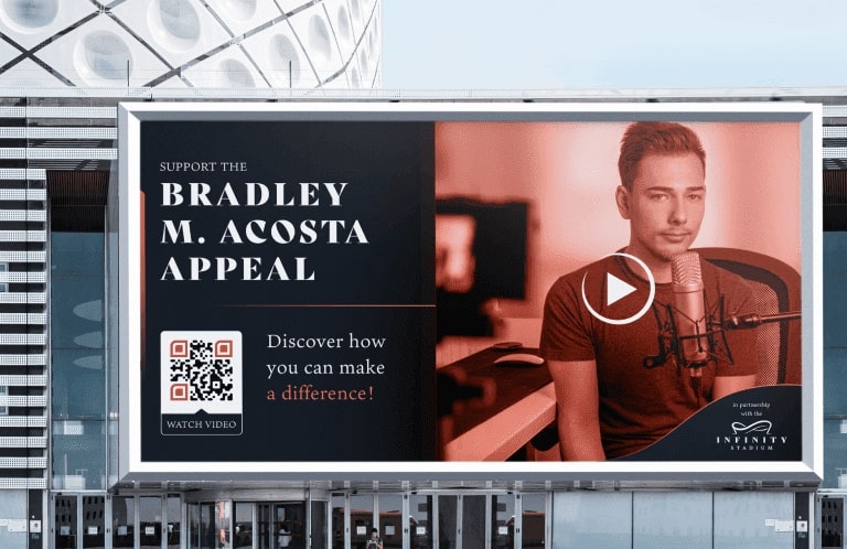 A billboard with a picture of a man tinted in red and black and red QR Code.