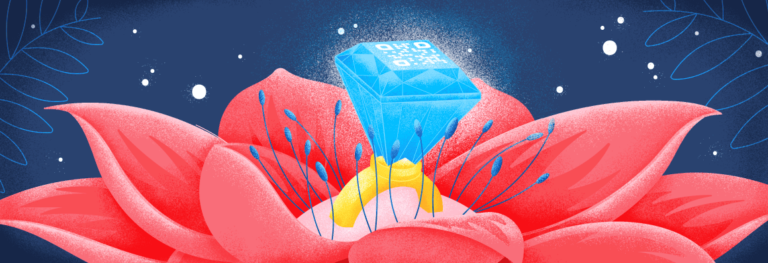 A red flower containing a diamond ring with a QR Code on top.