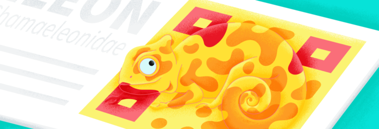 A chameleon blending into a QR Code.