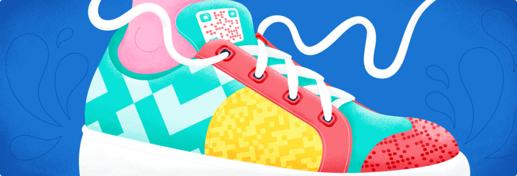 A colorful sneaker with a QR Code on the tongue.