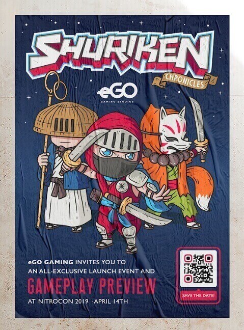 A gaming poster with three animated game characters with a red and black “save the date” QR Code.