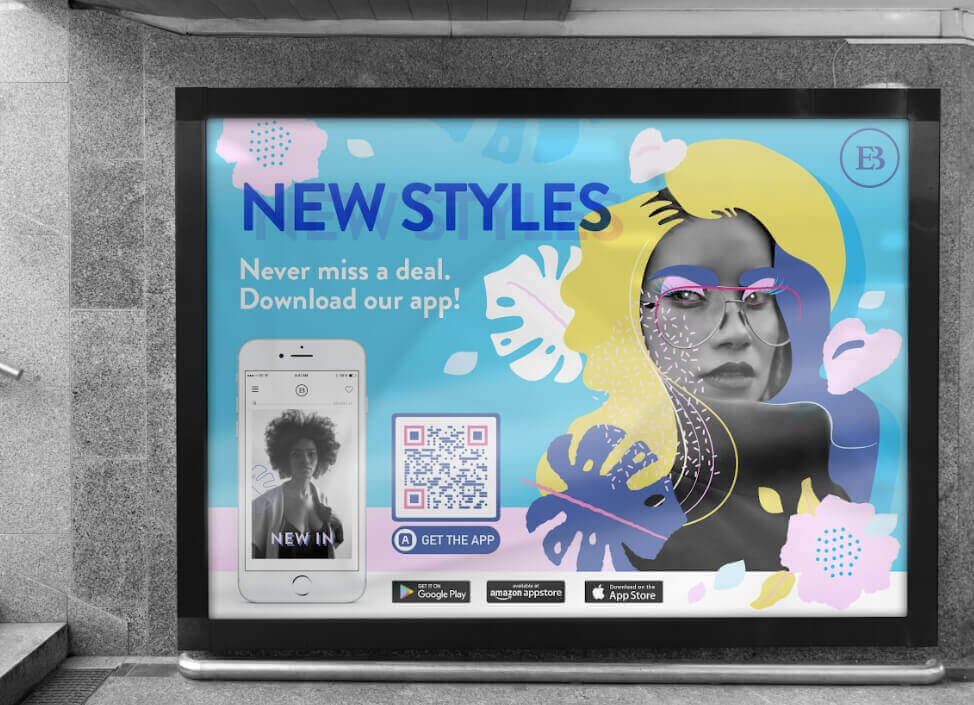 A subway ad featuring a blue and pink billboard, a smartphone, and a QR Code