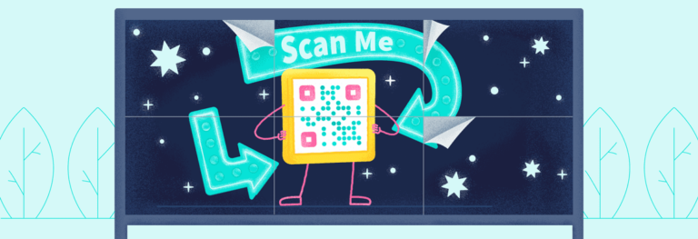 Animated QR Code on a billboard with some of the section corners peeling loose