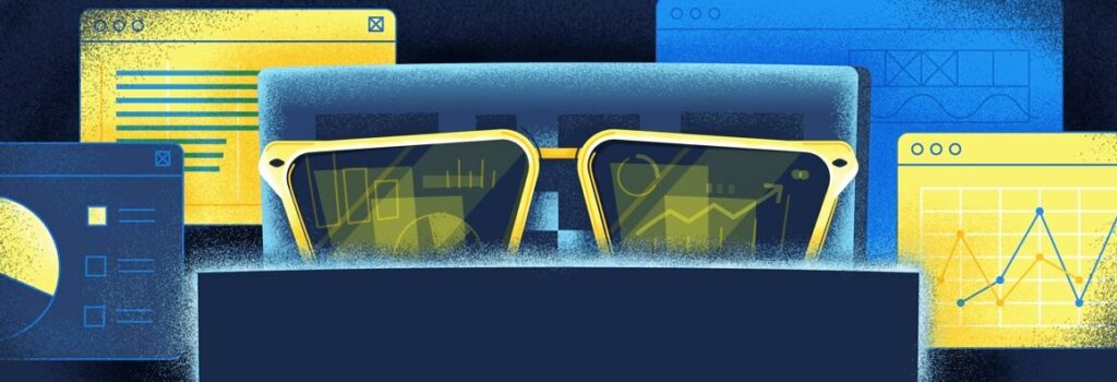 Animated QR Code wearing sunglasses and sitting behind a computer with different types of graphs behind it