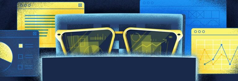 Animated QR Code wearing sunglasses and sitting behind a computer with different types of graphs behind it