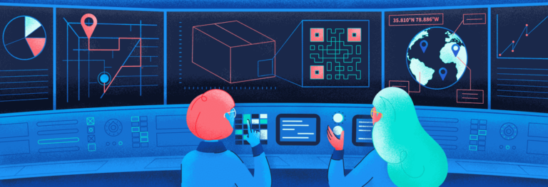 Two cartoon people standing in front of an information center screen with different graphics about logistics