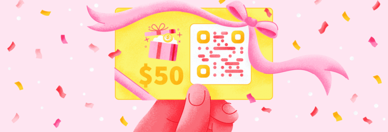 cartoon hand holding a yellow gift card with a QR Code on it