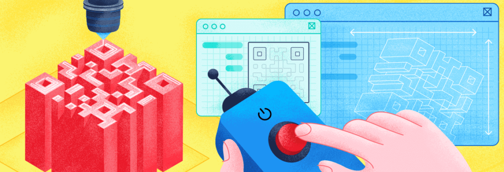 animated hand holding a remote pointed at a 3D QR Code and the machine that made it