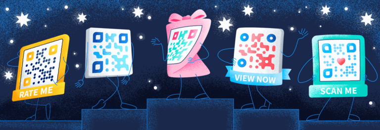 five different QR Codes on a winners platform