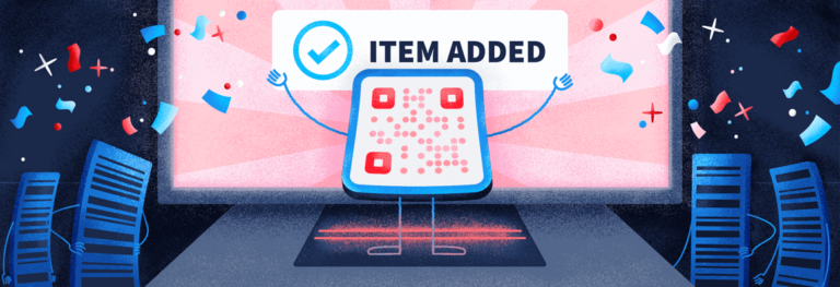 An anthropomorphic QR Code standing on a stage surrounded by barcodes.