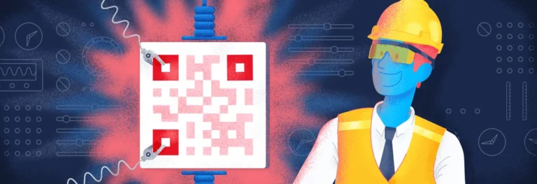 manufacturer standing next to a QR Code that's being made