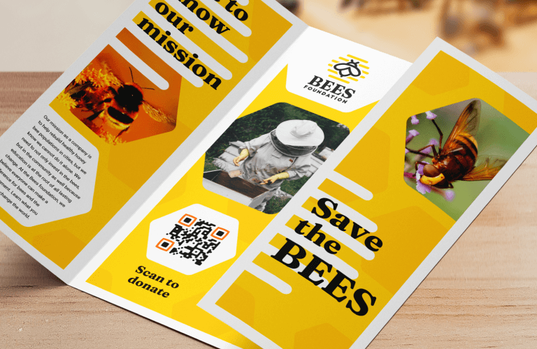 An example of a QR Code on a brochure that includes the call-to-action "Scan to donate"