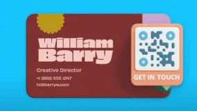QR code on a dark red business card for William Barry, Creative Director, with a "Get in Touch" call to action