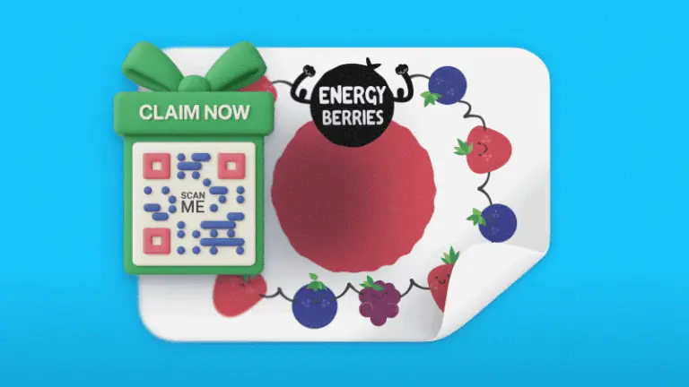 A product sticker for Energy Berries with a QR code to claim a promotion