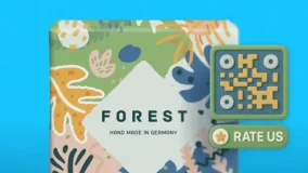 QR code on illustrated green product packaging for "Forest" hand-made goods with a "Rate Us" call to action