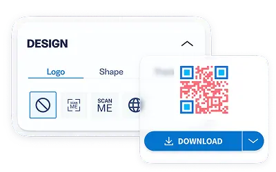 A screenshot of the QR code design and download interface with customization options