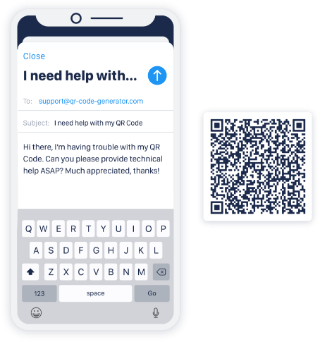 An Email QR Code example with pre-populated text to get help from customer support