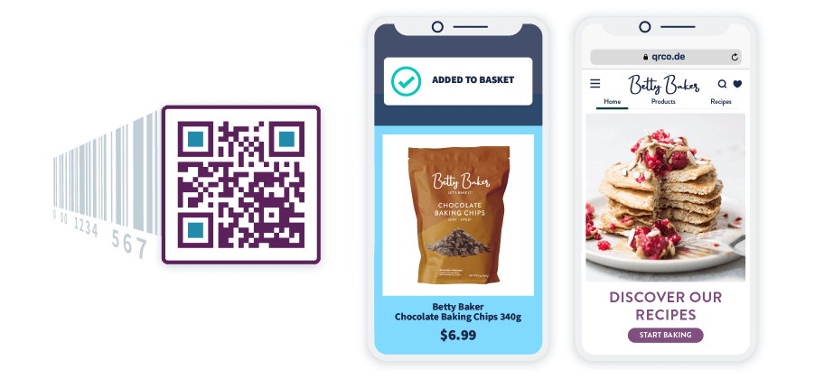 A barcode turning into a 2D Barcode next to two smartphones showing off the abilities of 2D Barcodes.