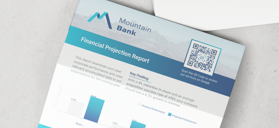 A bank’s financial projection report with a QR Code in the top right corner for customers to leave a Google review.