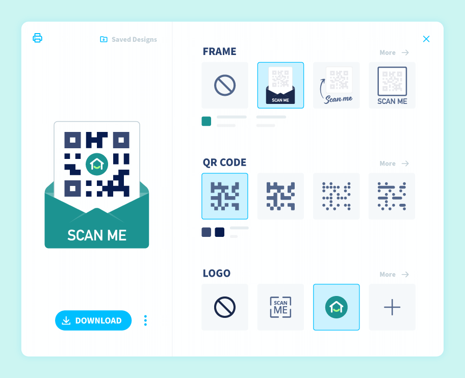 The menu in QR Code Generator that allows the user to customize their QR Code with frames, patterns, and logos.