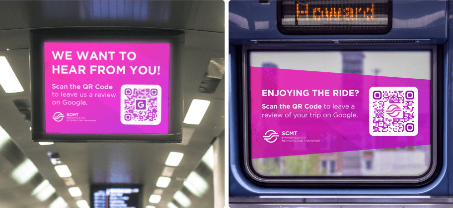 A digital poster on a public transport vehicle featuring a QR Code that allows riders to leave a Google review.