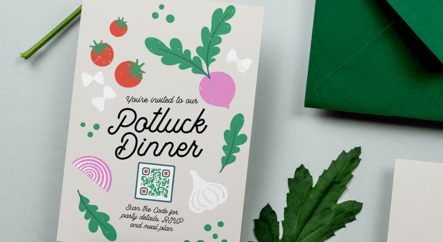 An invitation to a potluck dinner. A QR Code provides more details and allows attendees to to RSVP.