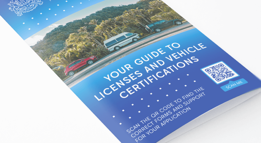 A brochure encouraging people to scan a QR Code to get information about vehicle certifications and licenses.