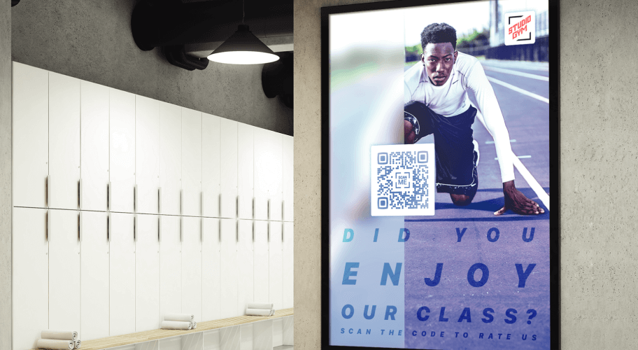 A poster in a gym locker room asking customers to rate the classes they took through a QR Code.
