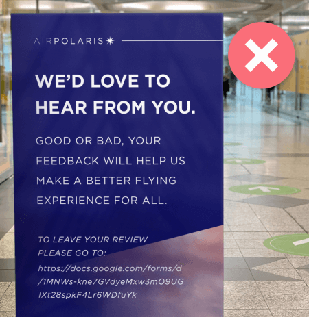 A poster from an airline asking passengers to leave a review by visiting a long Google Docs link.