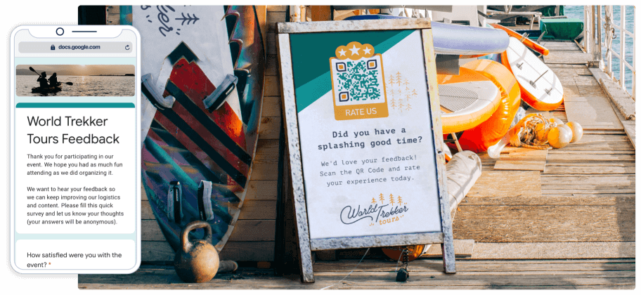 A QR Code advertisement on a dock for a kayaking tour company next to a smartphone that shows the webpage the QR Code links to.