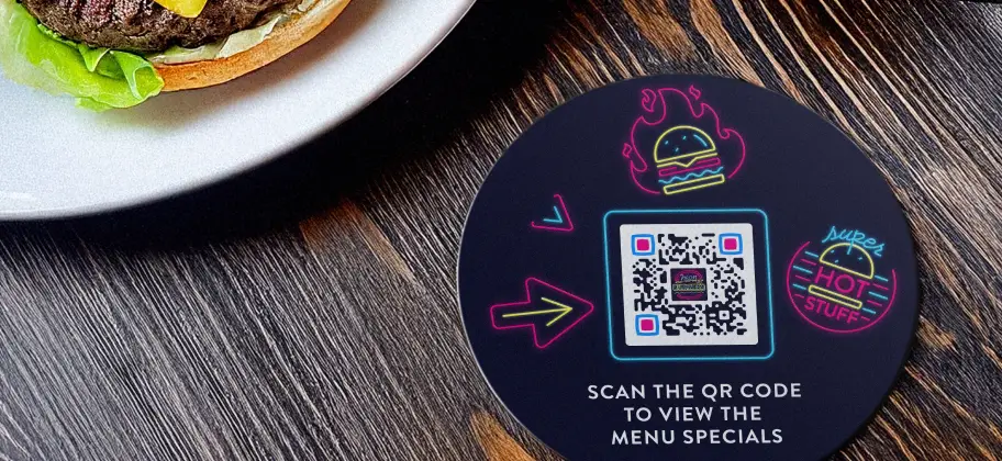 QR Code for restaurant menu idea on a custom coaster