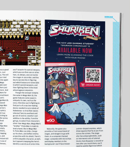 A magazine advertisement for a new game with a QR Code that redirects users to a web page.