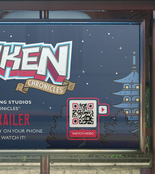 A signage at a bus stop of a new game advertisement with a QR Code that redirects users to a video trailer.
