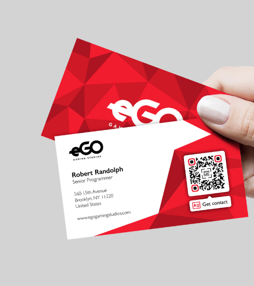 A business card of a programmer of a gaming studio with a QR Code that contains all contact information.