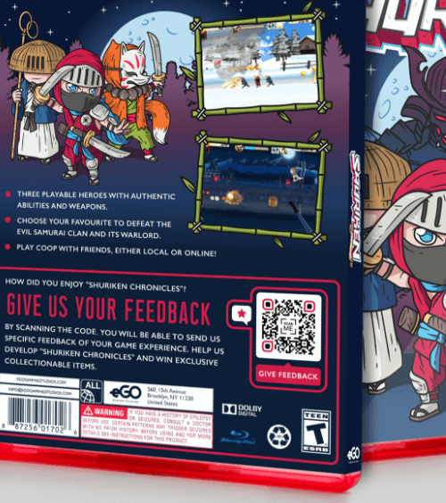 A video game packaging with a QR Code that leads users to a built-in feedback form.