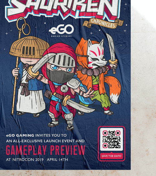 An outdoor poster that promotes a game launch event with a QR Code that redirects users to all the event information when scanned.