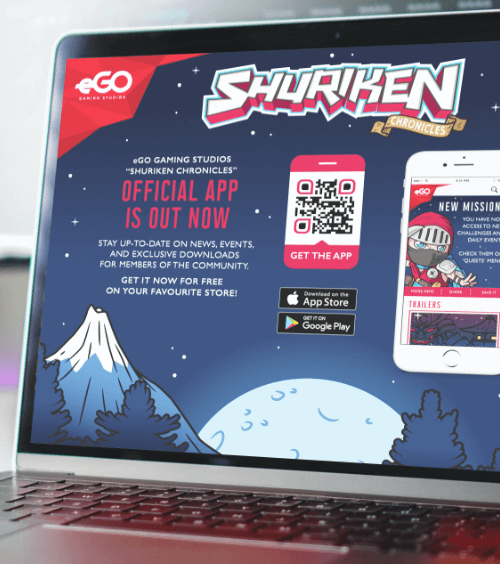 A gaming studio website on a laptop screen with a QR Code that redirects users to download a gaming application from different app stores.