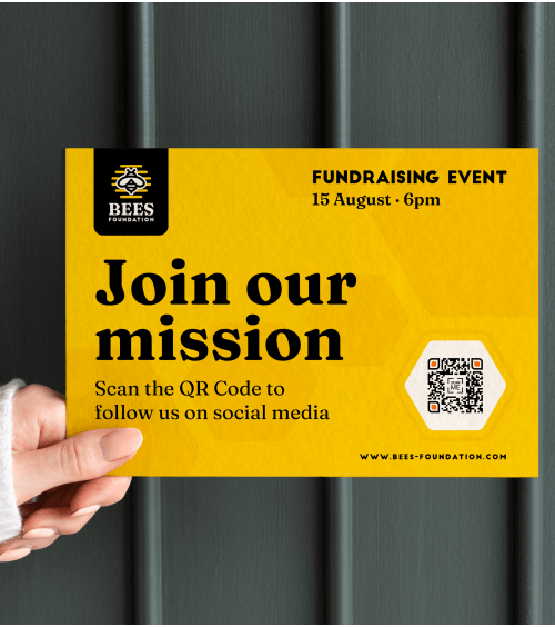 A yellow flyer advertising a nonprofit organization’s fundraising event with a QR Code that directs users to their social media channels.