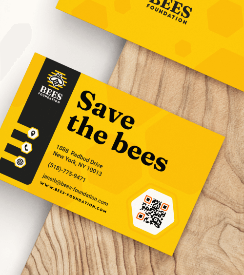 A business card of a non-profit representative with a QR Code that lets you save all contact details directly to the smartphone.