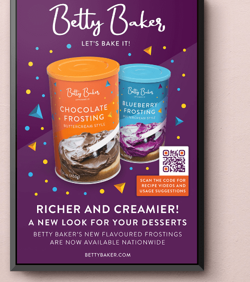 A purple Betty Baker poster advertising video recipes using their products with a QR Code.