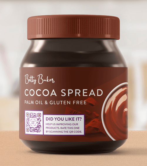 A brown tub of cocoa spread with a brown label and white lettering, with a Rating QR Code printed on it.