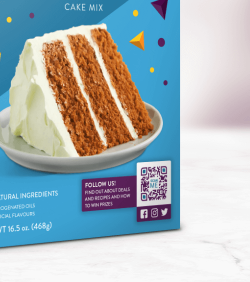 A blue box of cake mix with a picture of a slice of cake and a QR Code.