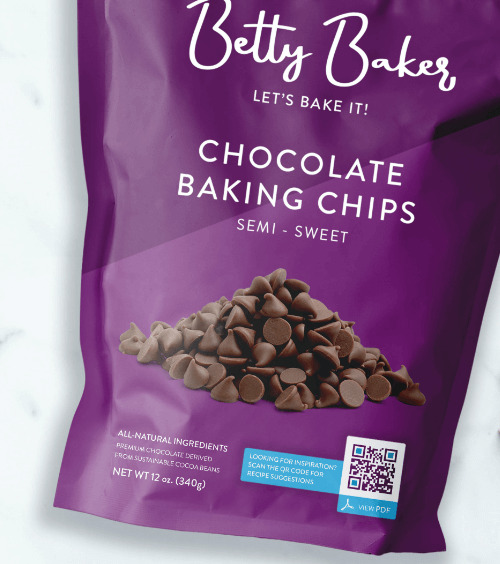 A purple package of semi-sweet chocolate chips with a QR Code printed on it.