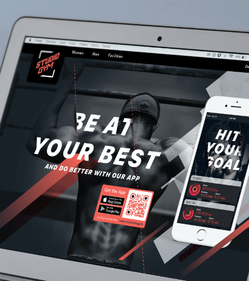 A website of a gym with a QR Code that lets users download an app to their smartphones when scanned.