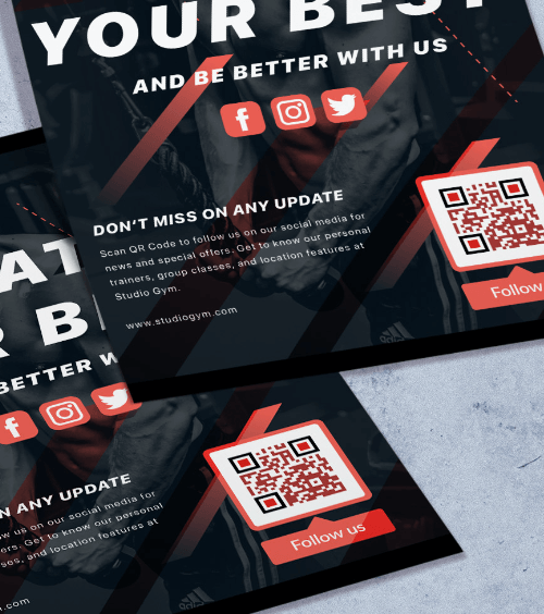 A promotional flyer from a gym with a QR Code that urges users to follow their social media channels.